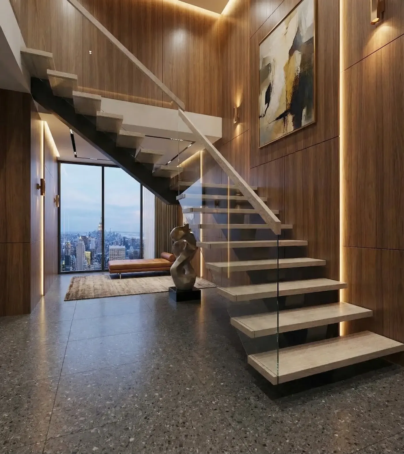 Industrial steel beam floating stair in a NYC loft