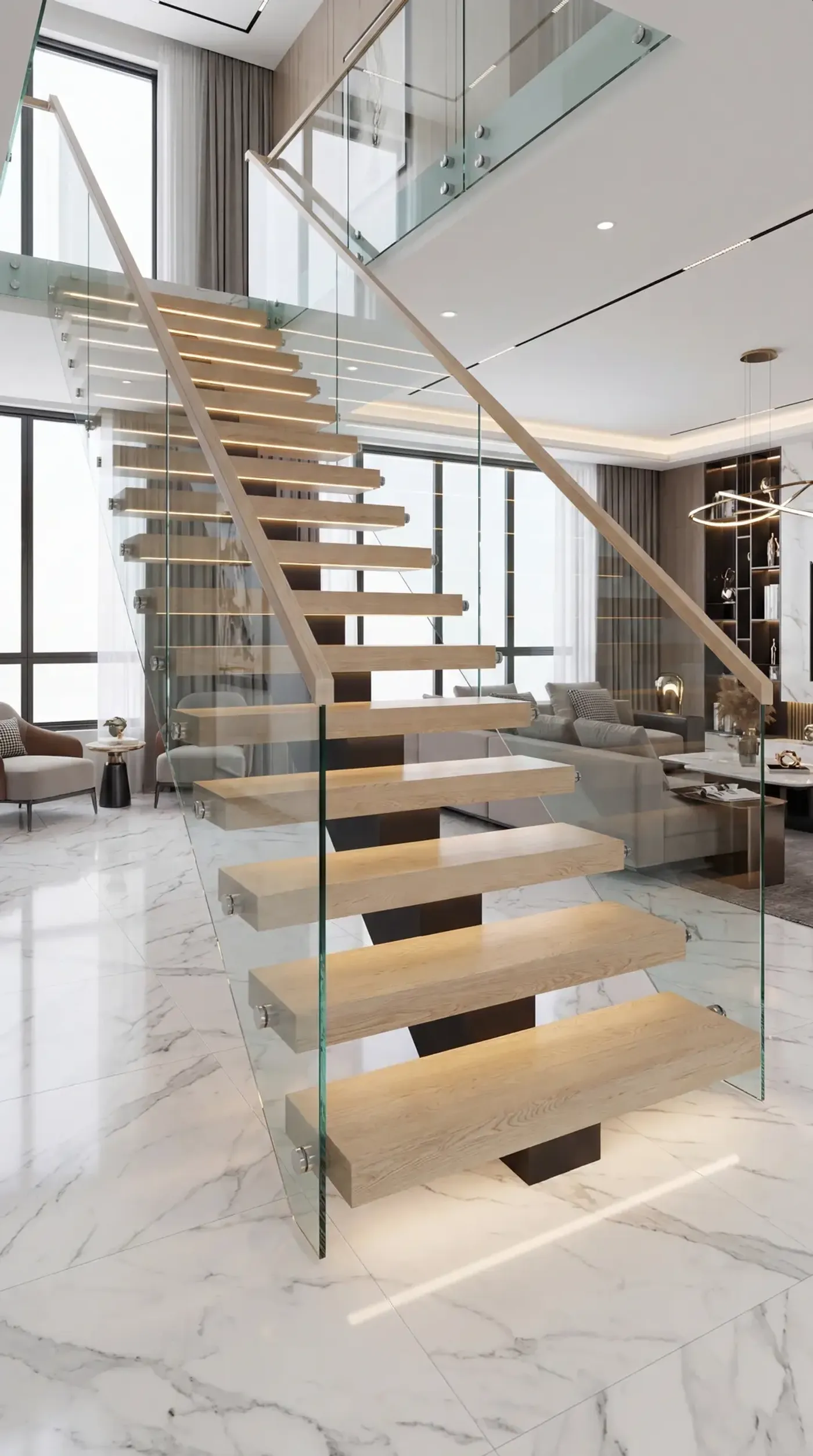 Glass tread cantilevered floating stair system in a New York City loft