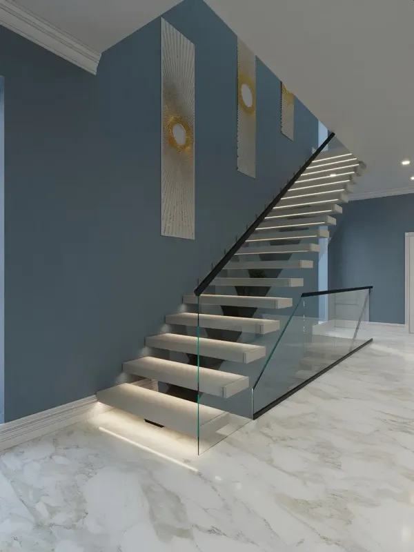 Integrated LED lighting in floating stair tread edges in a NYC interior